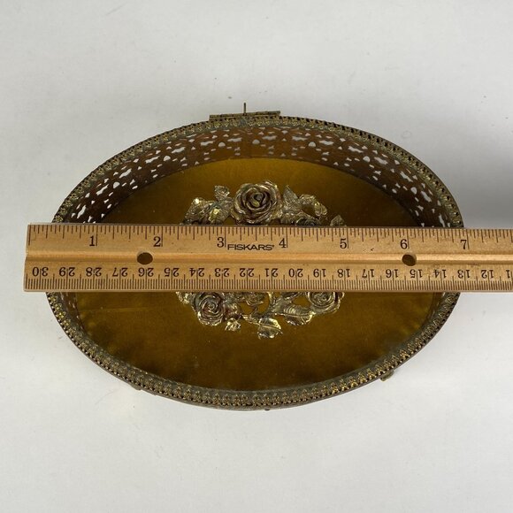 Vintage Hollywood Regency Gold Filigree Ormolu Jewelry Box Oval Glass Hinged Lid - Picture 11 of 11
